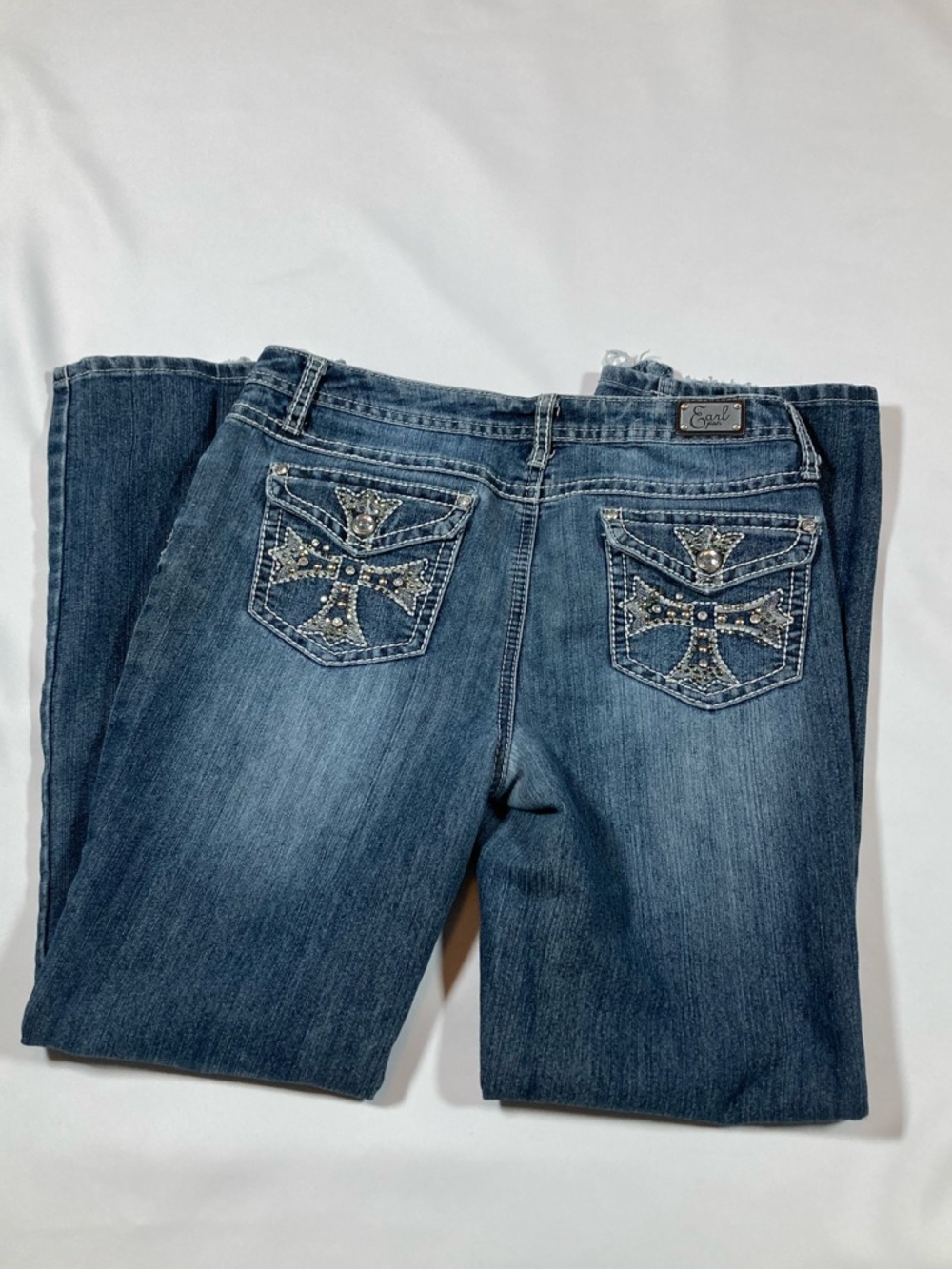 Earl Jeans Women's Boot Cut Jeans Denim Blue Embellished Pockets Sz8 Y2K Bling